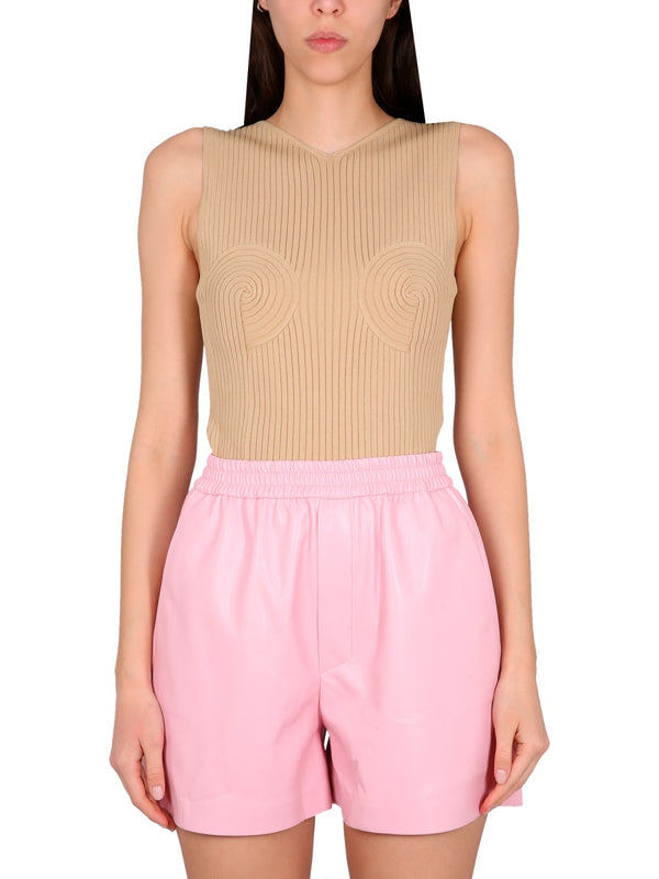 Ribbed V-Neck Top Beige Viscose Tops