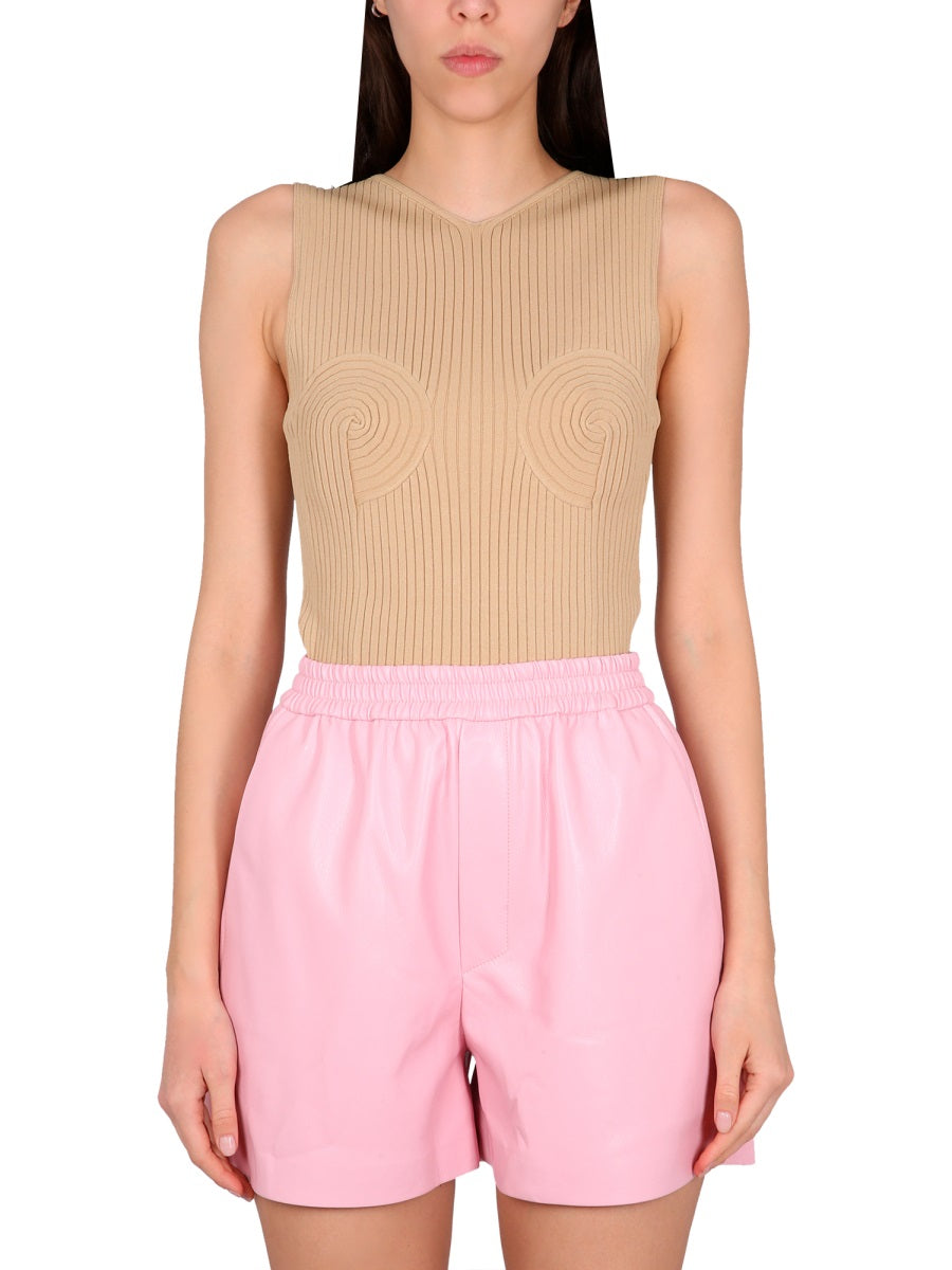 Ribbed V-Neck Top Beige Viscose Tops