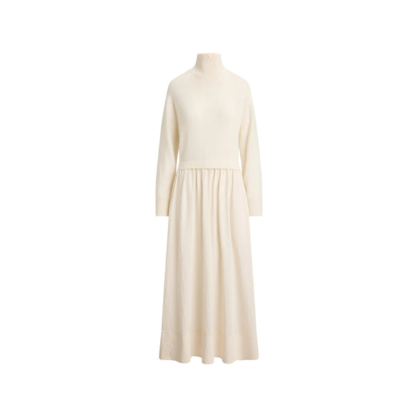 Long-Sleeve Crinkled Wool-Blend Dress Neutrals Day