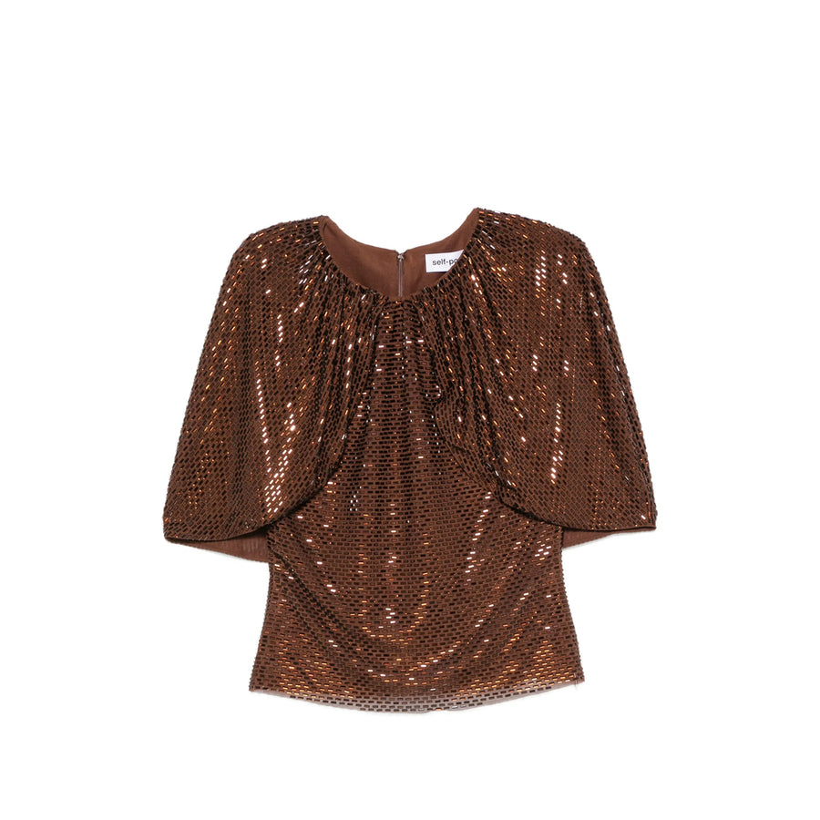 Sequin Cape-Sleeve Top Brown Outer: Polyester Blouses