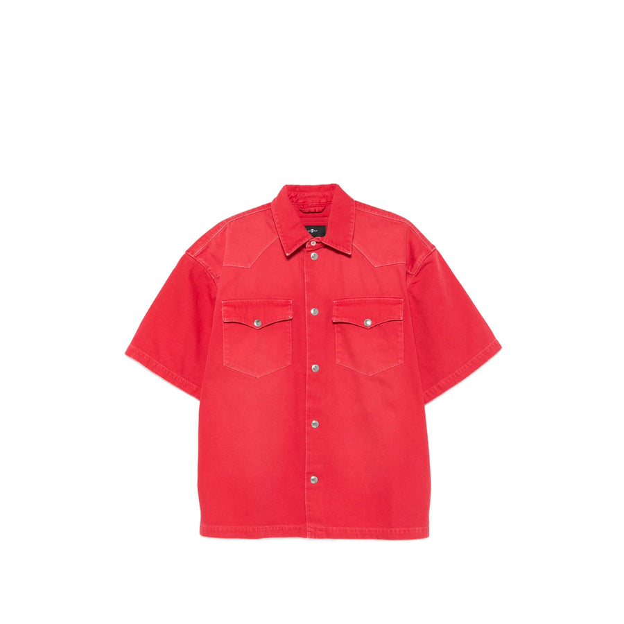 Short-Sleeve Denim Shirt Red Cotton