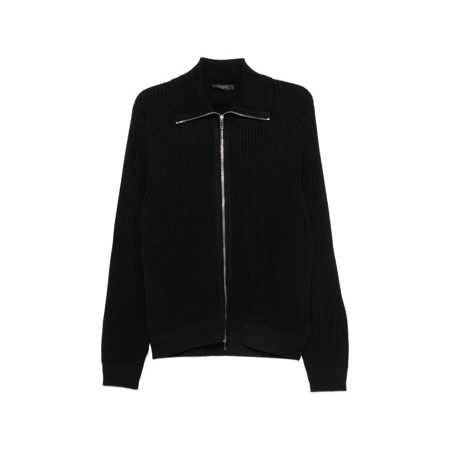 Ribbed Knit Virgin Wool Zip-Up Cardigan Black Sweater