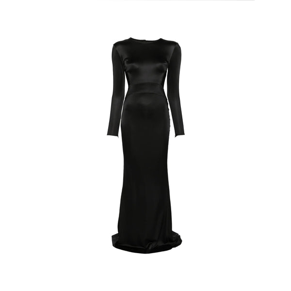 Satin Flared Evening Dress Black Viscose