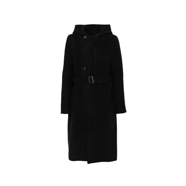 Hooded Cashmere Coat With Belt Black Single Breasted