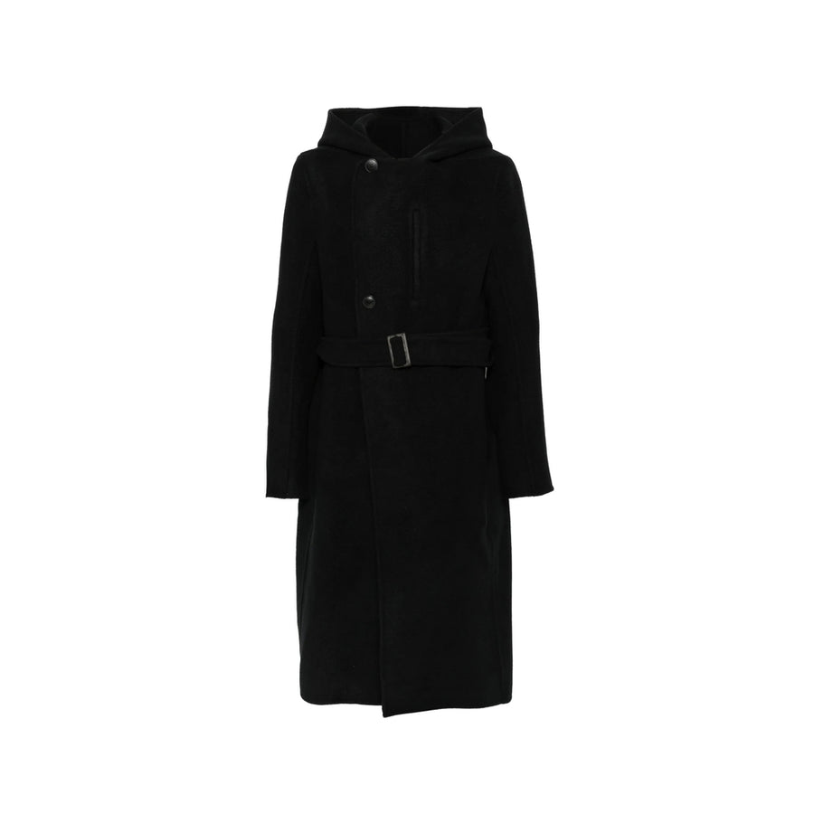 Hooded Cashmere Coat With Belt Black Single Breasted