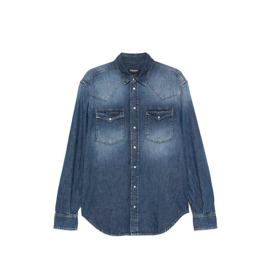 Denim Shirt With Faded Effect Blue Cotton