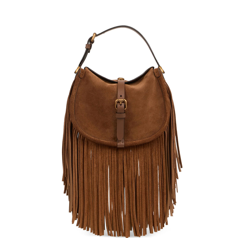 Top-Handle Shoulder Bag Brown Suede