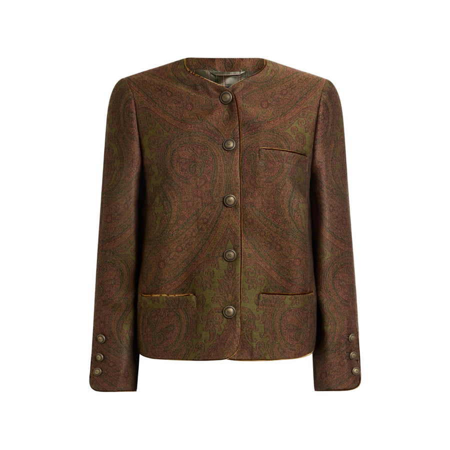 Cropped Jacket Paisley Wool-Silk Jacquard Brown Fitted
