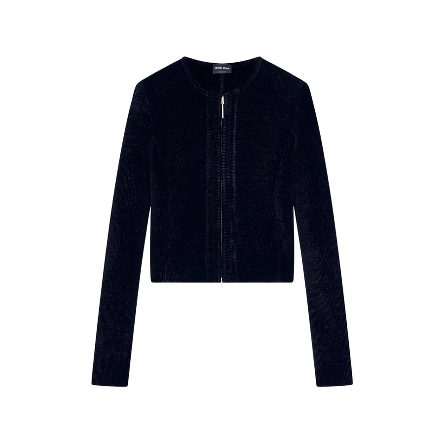 Fitted Ribbed Chenille Effect Jacket Blue Viscose
