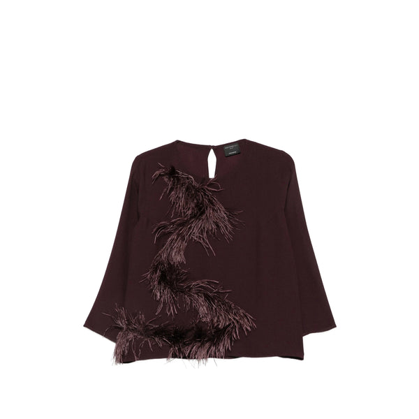 Long-Sleeved Blouse With Feather Trim Brown Acetate Shirt
