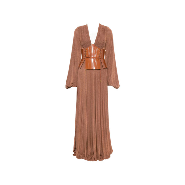 Glitter Puff Sleeve Evening Dress Brown Viscose