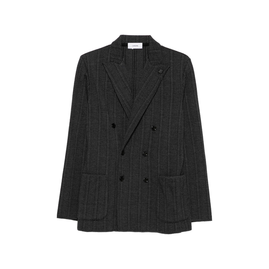 Double-Breasted Blazer Herringbone Wool Grey Virgin Blazers
