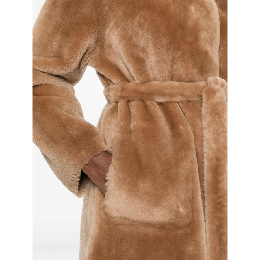 High Neck Belted Leather Coat Neutrals