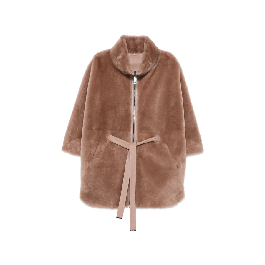 Shearling Jacket With Belted Waist And Cape Sleeves Pink Faux Fur &
