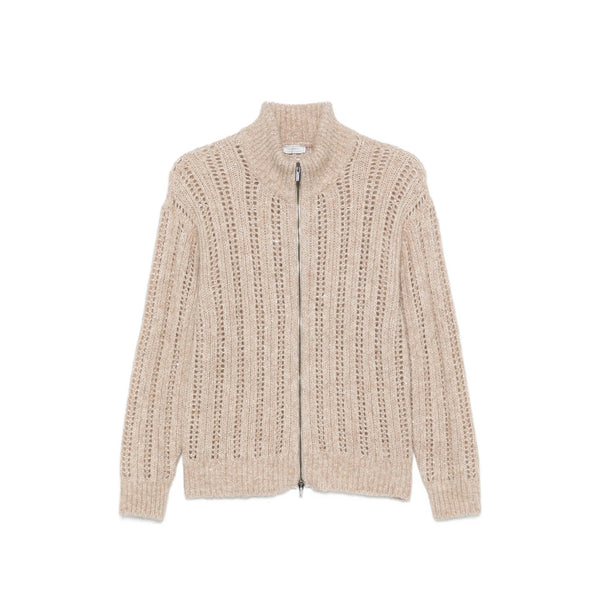 Zip Cardigan Open-Knit Alpaca Blend Neutrals Sweater