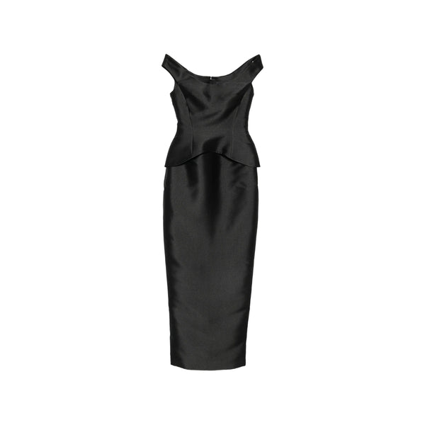 Off-Shoulder Satin Evening Dress Black Polyester