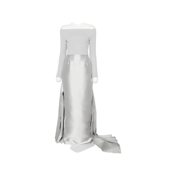 Off-Shoulder Gown Platinum Grey Satin Evening Dresses