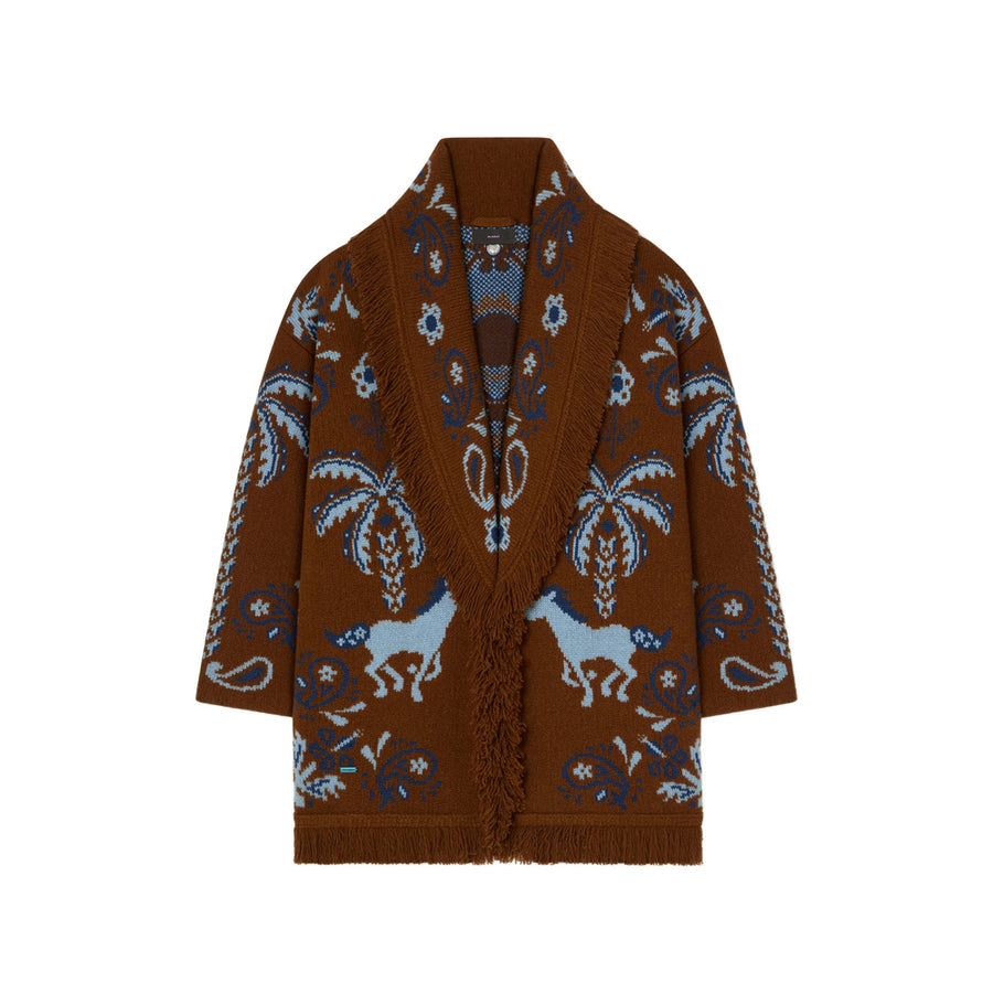 Cardigan With Fringe Trim Brown Wool Blend Sweater