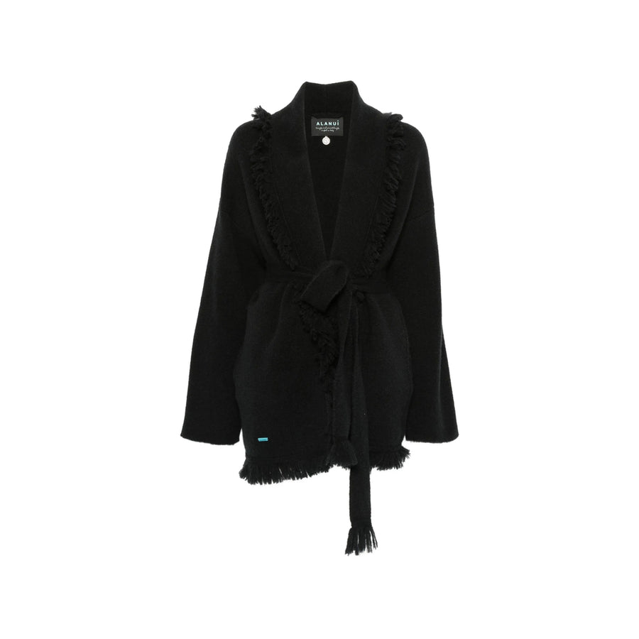 Cardigan With Fringe Trim And Belt Black Cashmere Sweater