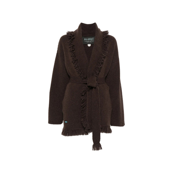 Cardigan With Fringe Trim And Belt Brown Cashmere Sweater