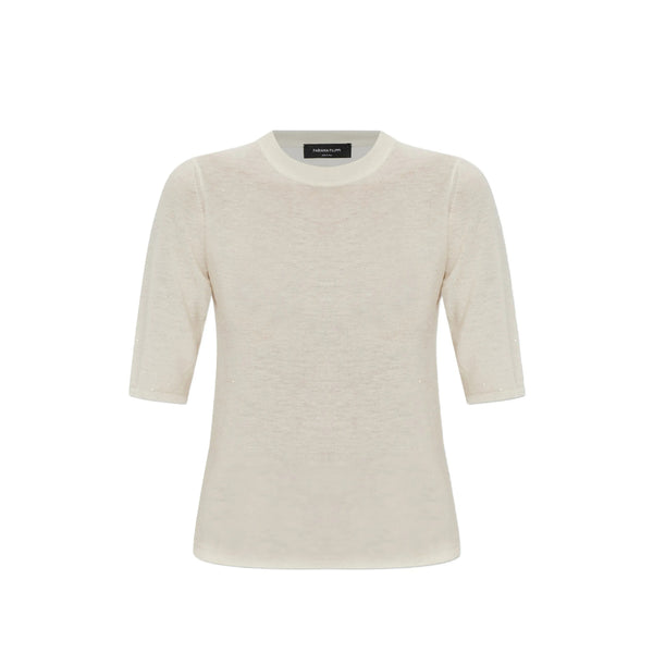 Short Sleeve Sweater Beige Sequin Knit Neutrals Wool T-shirts & Jerseys