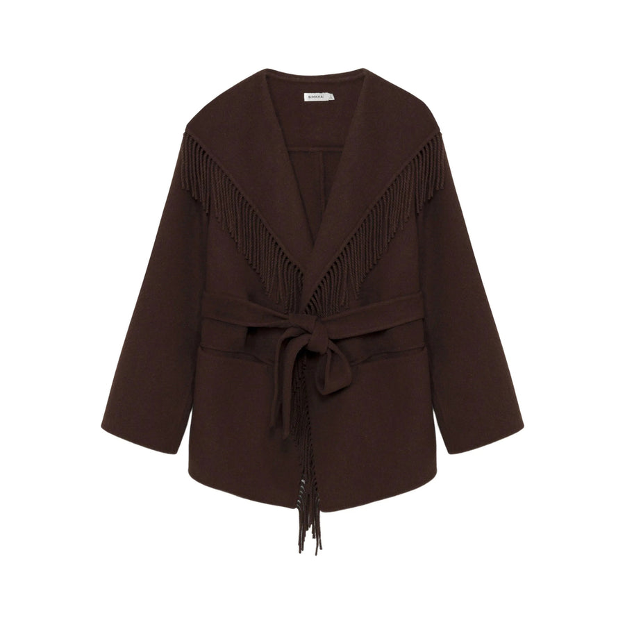 Wool Fringed Jacket With Belt Brown