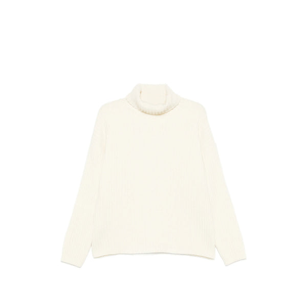 Roll Neck Ribbed Knit Sweater White Wool Jumpers