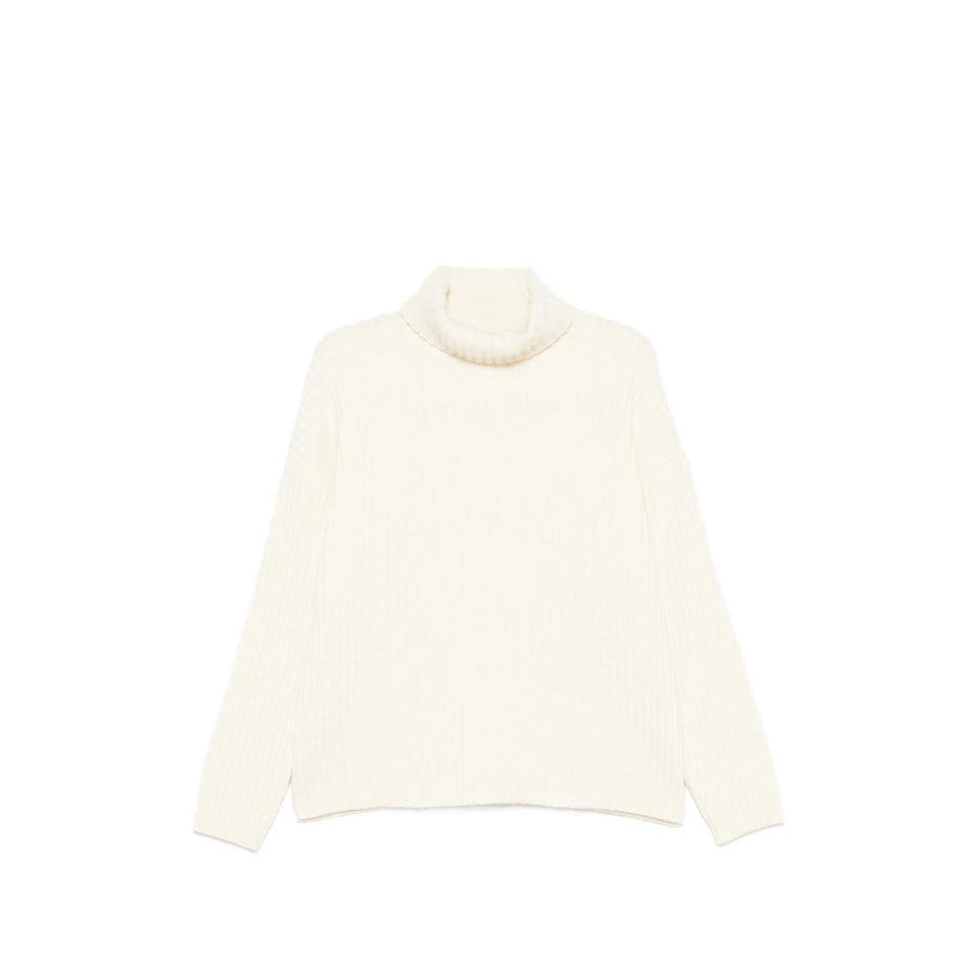 Roll Neck Ribbed Knit Sweater White Wool Jumpers