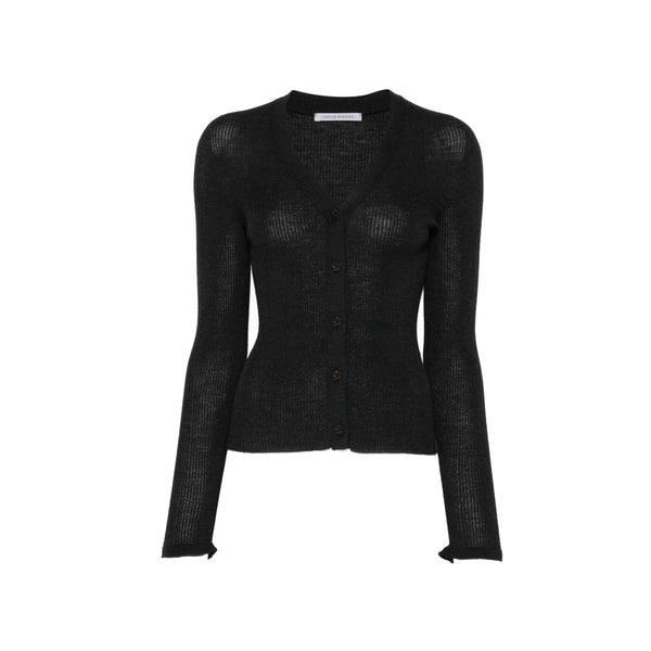 Cardigan Ribbed V-Neck Black Wool Cardigans