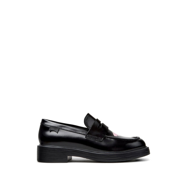 Penny Loafers With Floral Print And Lug Sole Black Calf Leather Outer