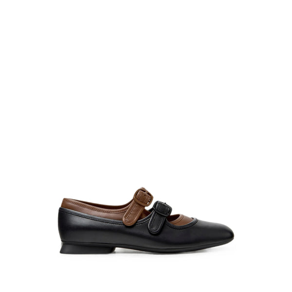 Leather Double-Strap Ballerina Shoes Black/brown Calf Leather; Sole: Tpu