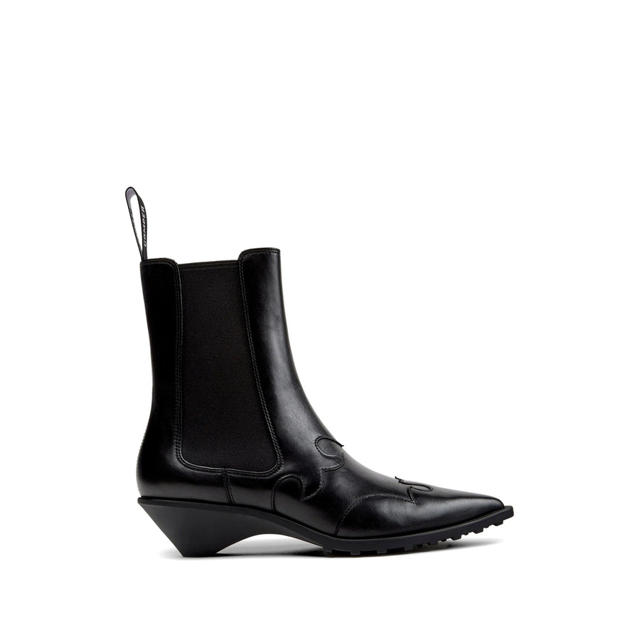 Ankle Boots With Pointed Toe And Cone Heel Black Calf Leather