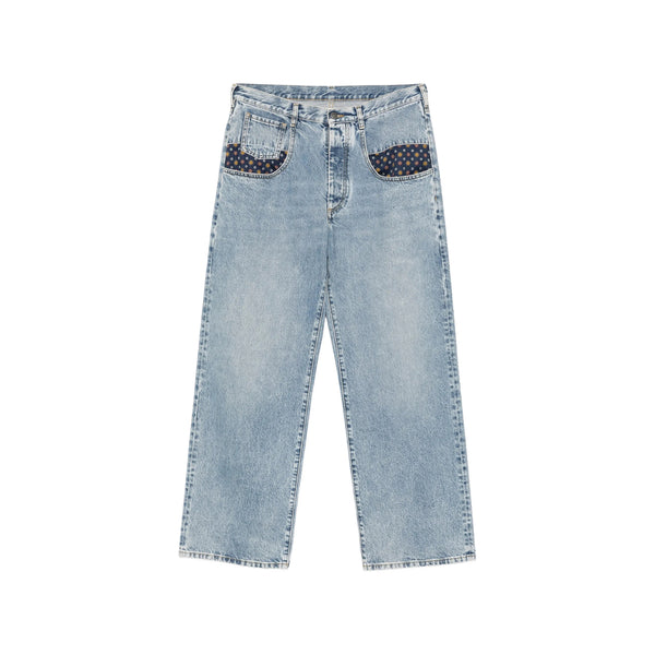 Acid-Wash Jeans With Paisley-Print Insert Blue Cotton