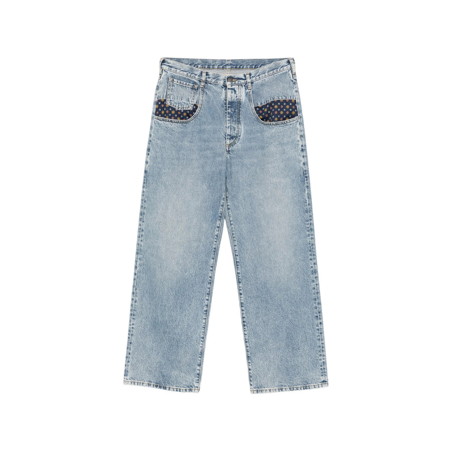 Acid-Wash Jeans With Paisley-Print Insert Blue Cotton