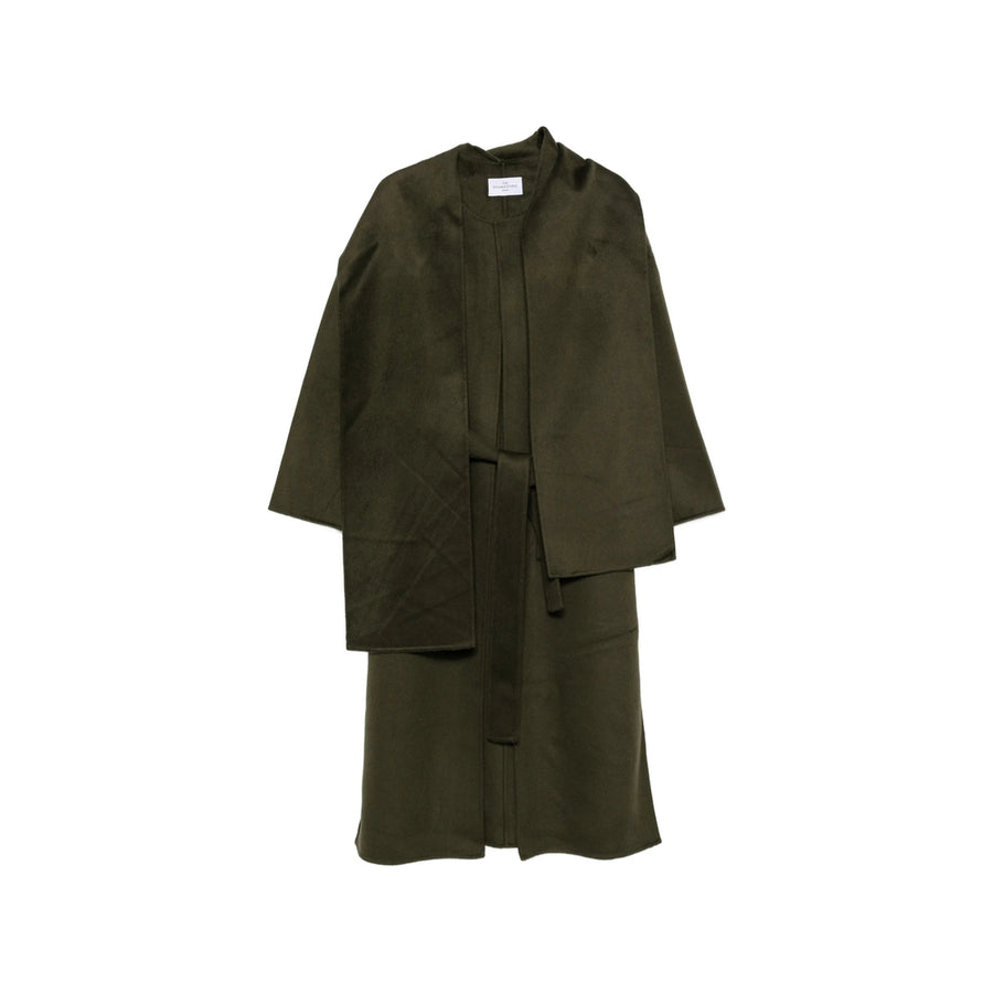 Wool Coat With Integrated Scarf Green