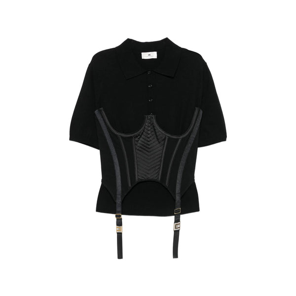 Ribbed-Knit Polo Sweater Black Viscose Tops