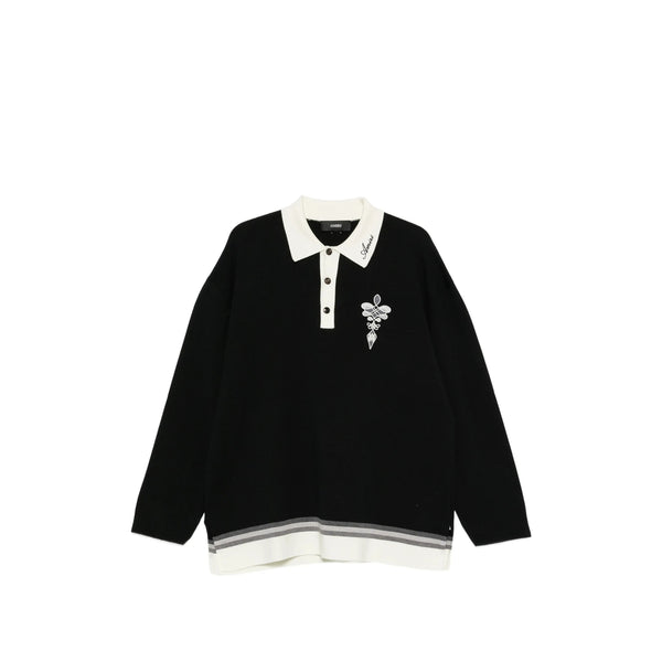 Knitted Long-Sleeve Polo Shirt Black Virgin Wool T-shirts And Polos
