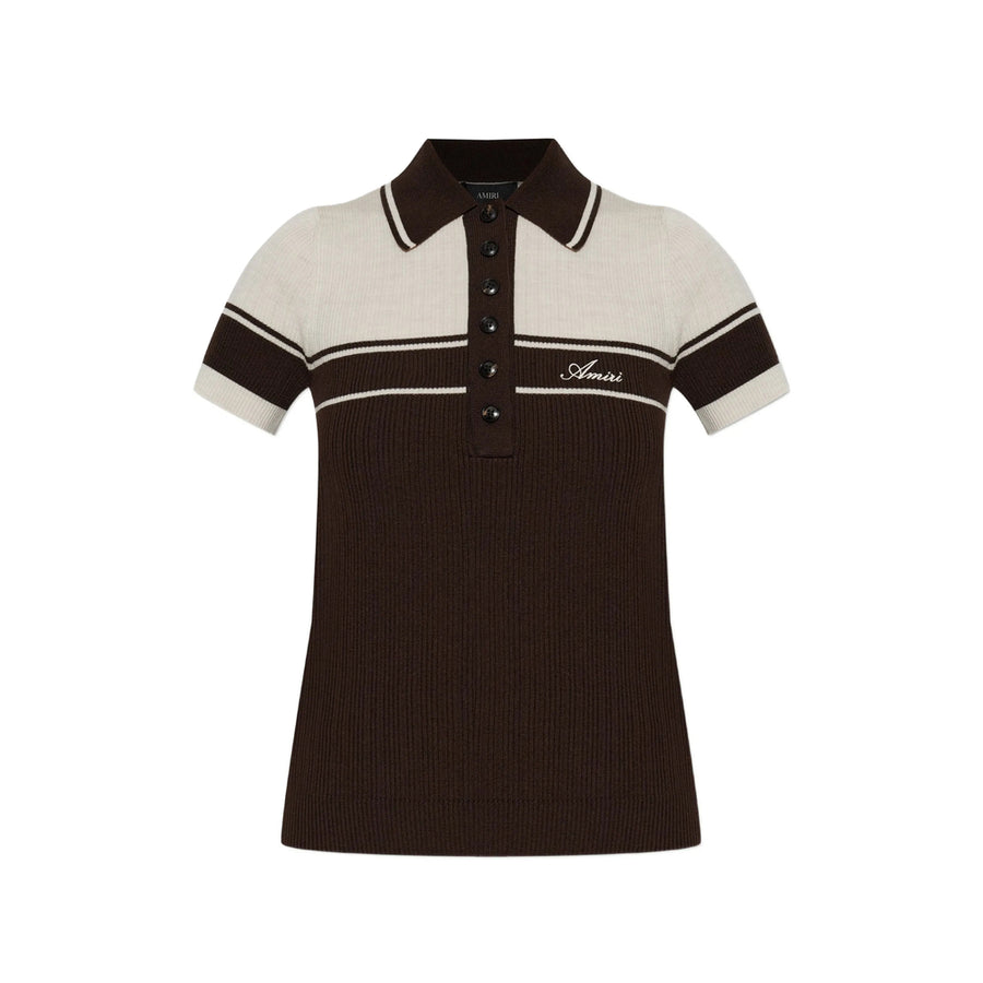 Short-Sleeved Ribbed-Knit Polo Sweater Brown/neutrals Wool Tops
