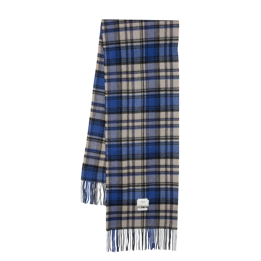 Wool Check Scarf With Fringed Edge Blue Scarfs
