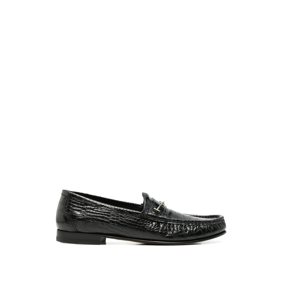 Croc-Effect Leather Loafers Black Calf Leather; Sole