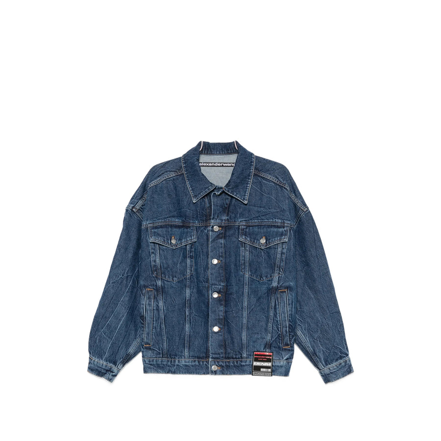 Denim Jacket With Crystal Logo Blue Cotton