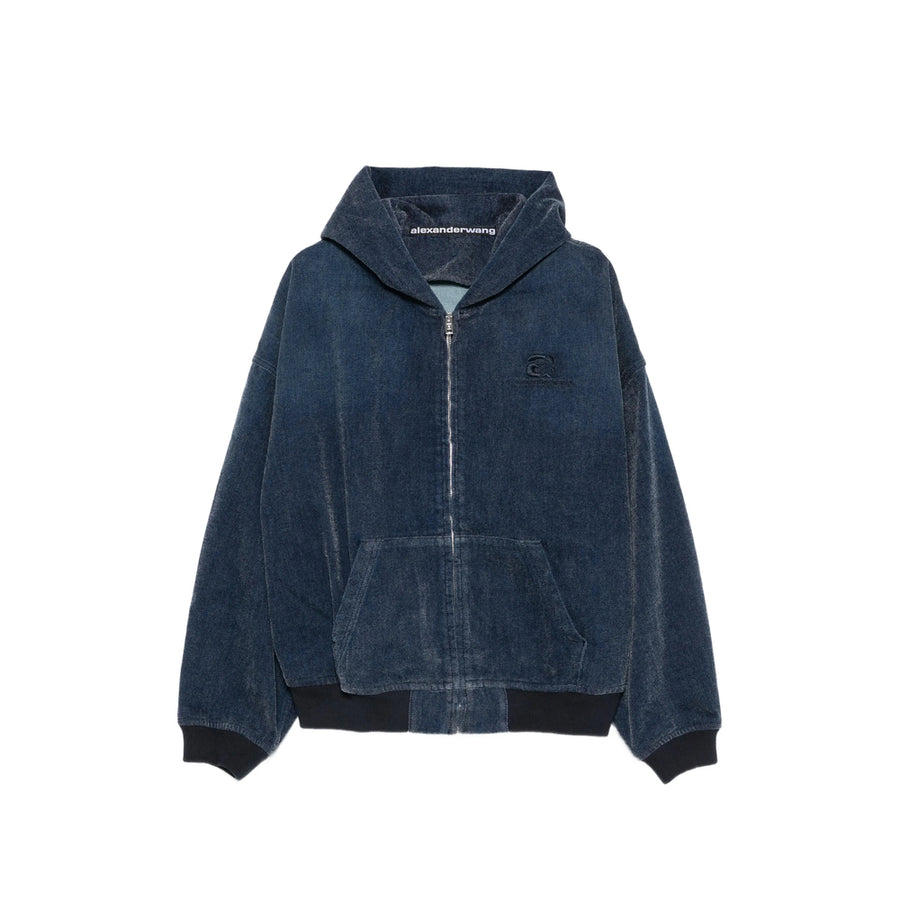 Hooded Acid-Wash Denim Jacket Blue Body: Cotton