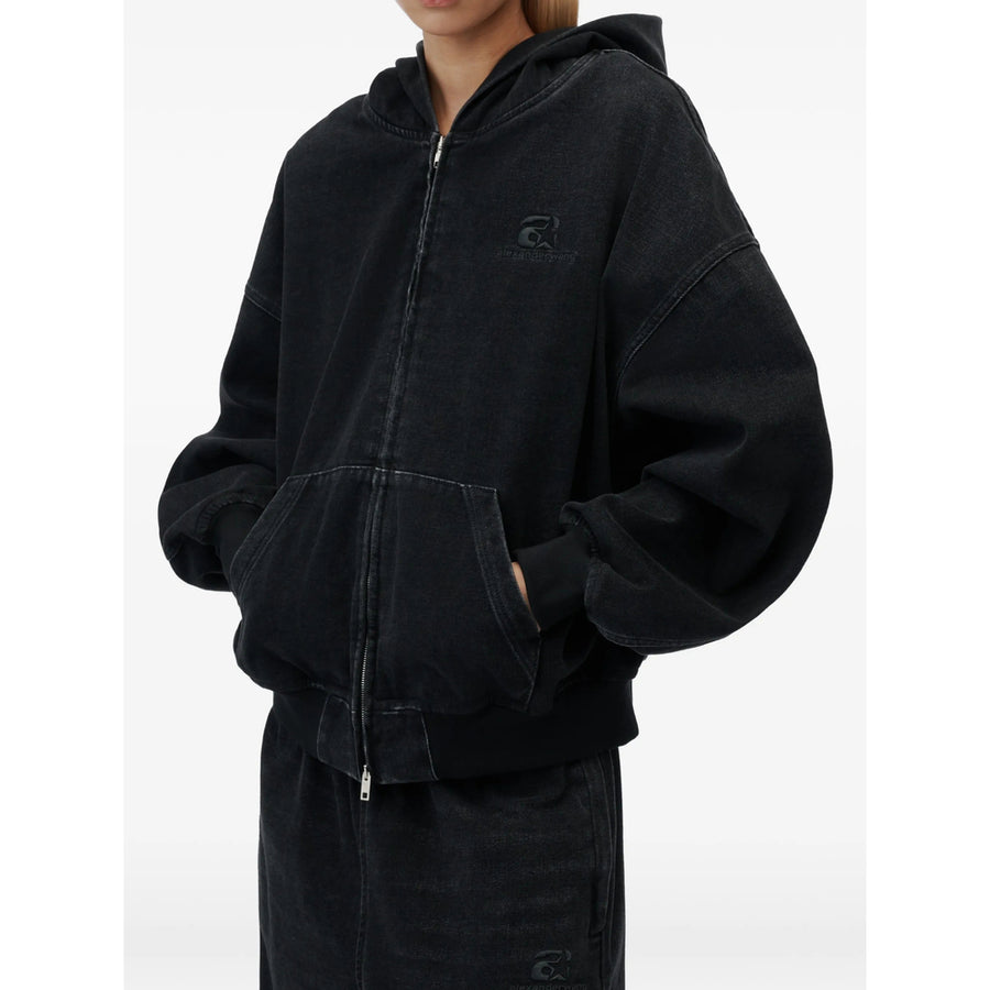 Denim Hooded Jacket Washed Black Cotton Top