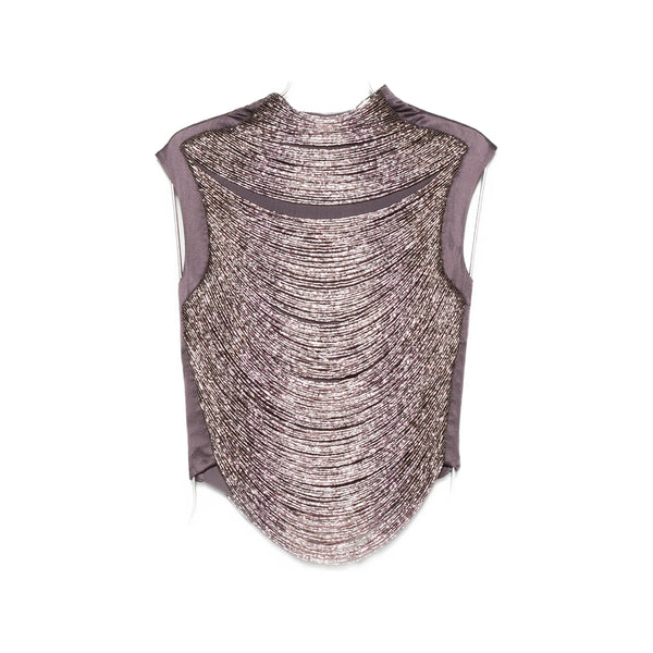 Beaded Sleeveless Silk Blouse Purple Shirt