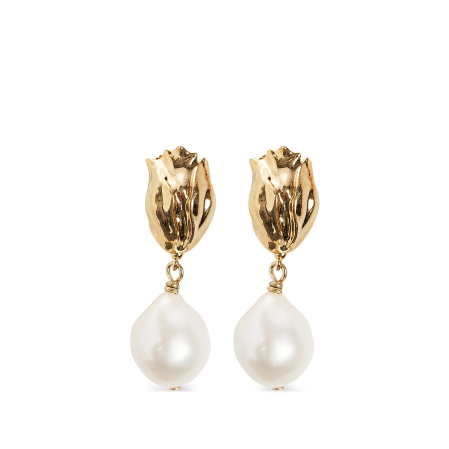 Faux-Pearl Tulip Motif Earrings Gold/white Brass