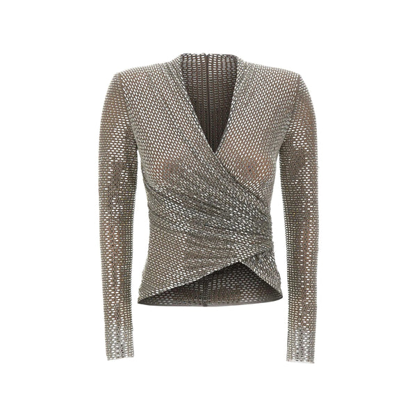 Wrap Top With Silver Rhinestones Polyester Shirt