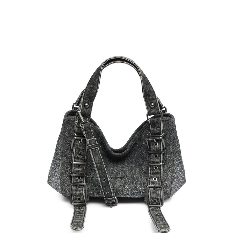 Crystal-Encrusted Denim Handbag Grey Cotton Bag