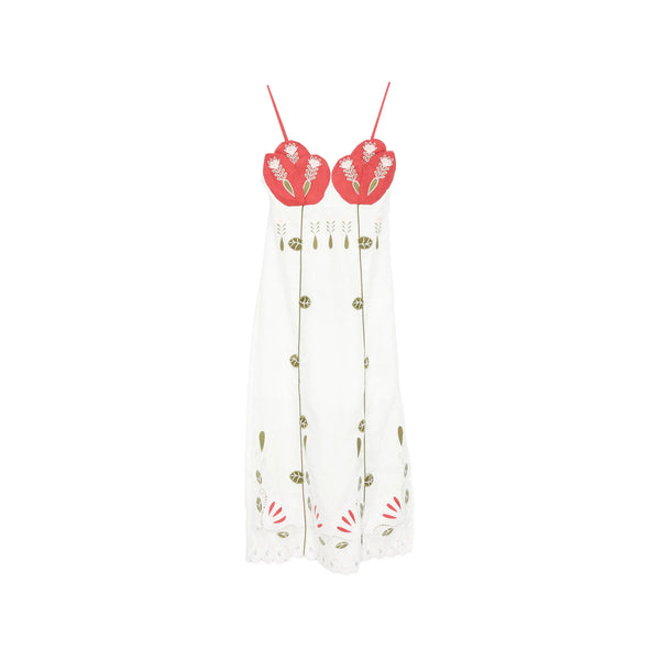 Broderie Anglaise Floral Embroidery Dress White Outer: Linen; Lining: Cotton Day