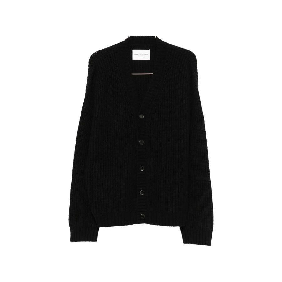V-Neck Cardigan Ribbed Wool Black Cardigans