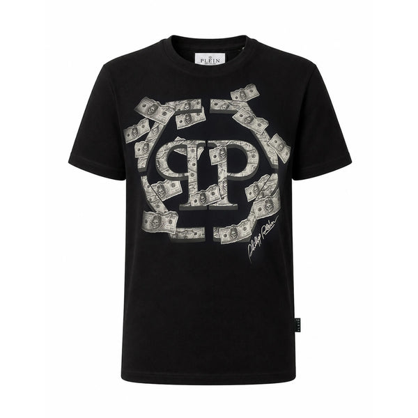 Cotton T-Shirt With Hexagon Dollar Pattern Black T-shirts And Polos